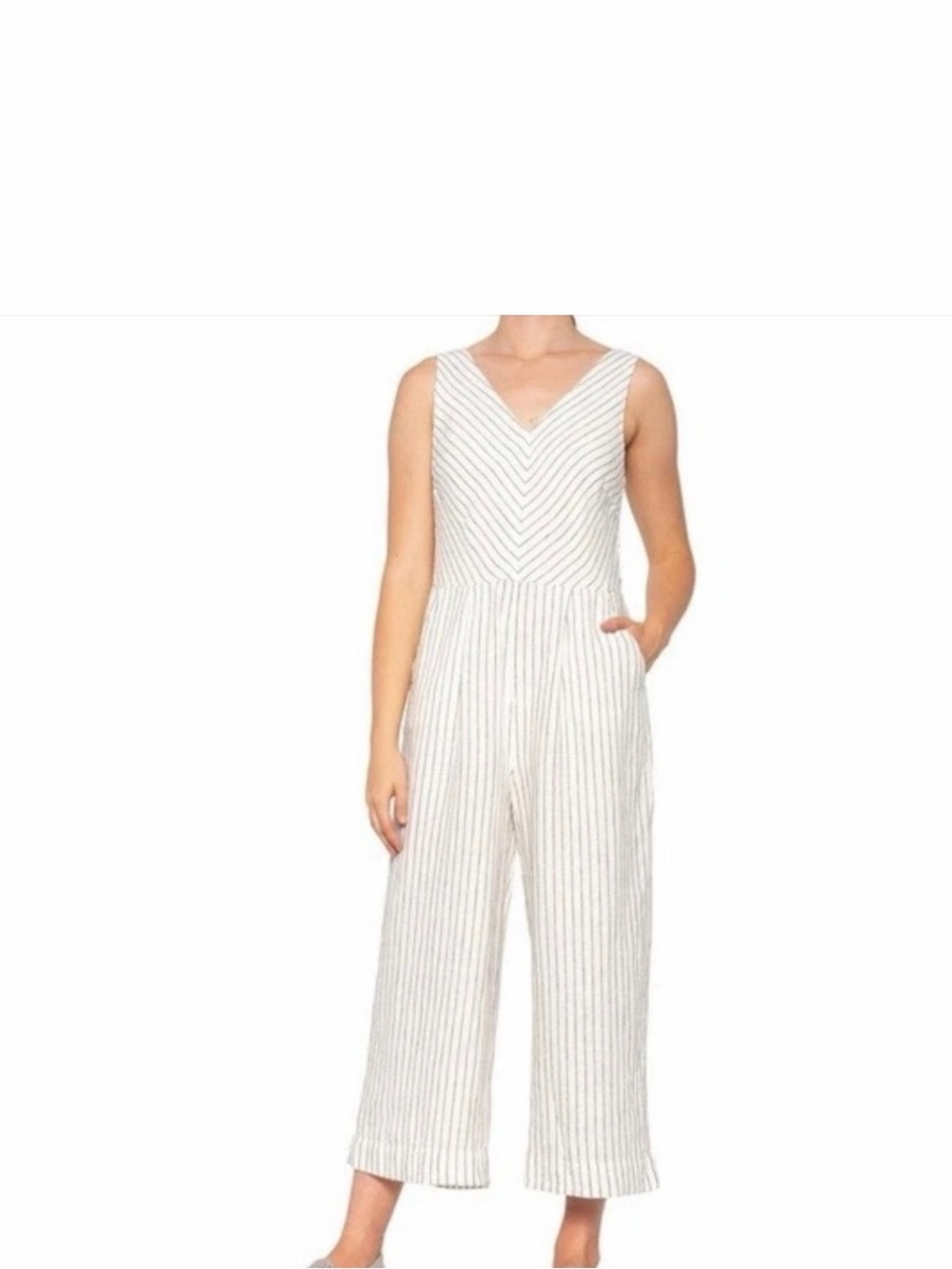 RACHEL ZOE Linen Sleeveless Jumpsuit Romper White & Black Stripe Pockets, size 8
